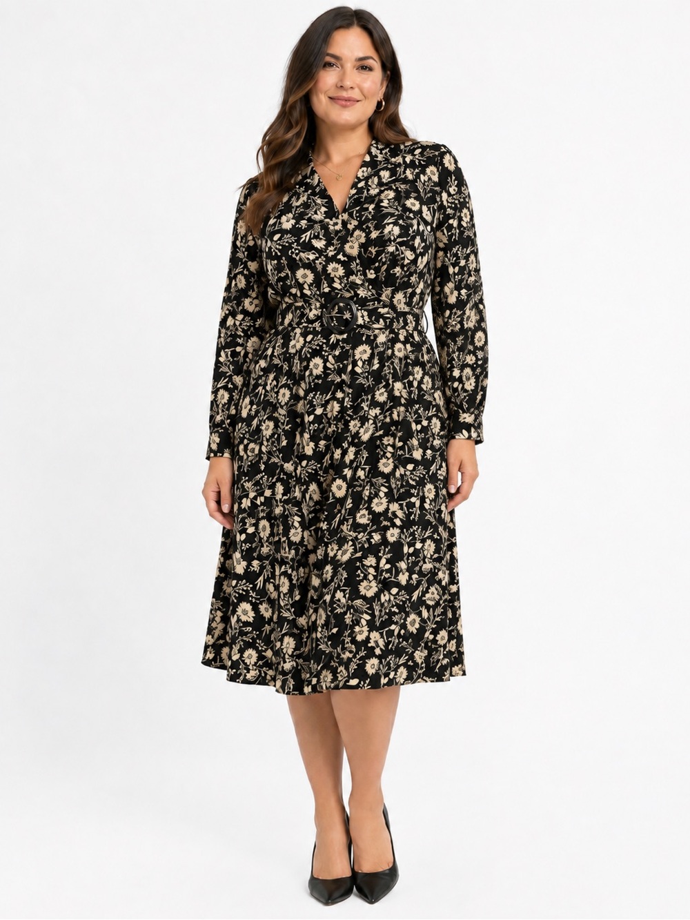 Liz Claiborne 100% Silk Floral Belted Midi Dress Size 16 Black Cream